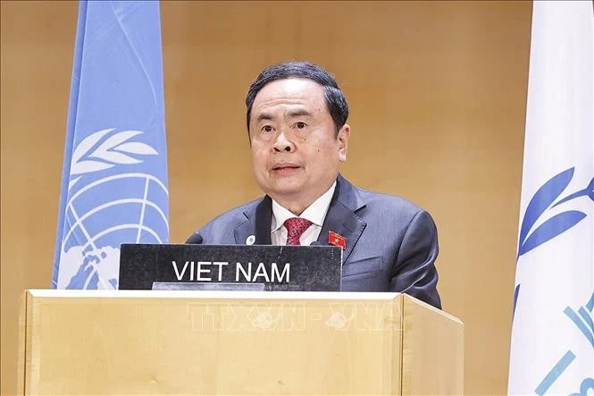 Le président de l’Assemblée nationale du Vietnam, Tran Thanh Man s’exprime lors du débat général de la 6e Conférence mondiale des présidents de parlement à Genève, en Suisse, le 29 juillet. Photo : VNA. 