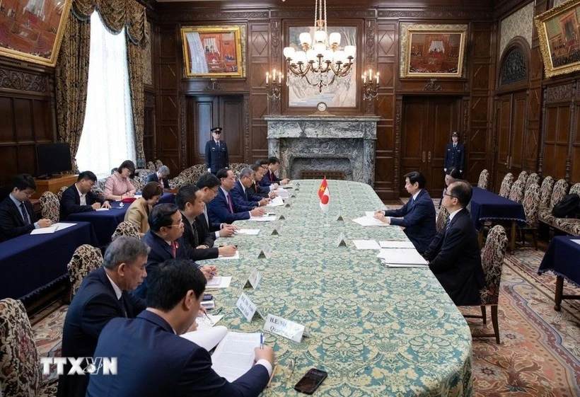 Lors de la rencontre entre le vice-président de l’Assemblée nationale, Tran Quang Phuong, et le président de la Chambre des conseillers du Japon, Sekiguchi Masakazu. Photo : VNA. 