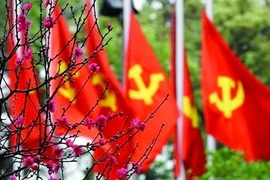 Des drapeaux frappés de la faucille et du marteau au milieu des fleurs de pêcher. Photo: VNA