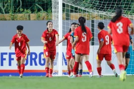 Les joueuses vietnamiennes célèbrent leur victoire en éliminatoires de la Coupe d'Asie féminine des moins de 20 ans de l'AFC 2026, à Hanoi, le 6 août. Photo: the-afc.com. 