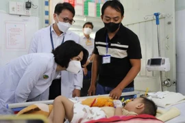 La vice-ministre Nguyên Thi Liên Huong se rend au chevet des enfants hospitalisés pour la maladie main-pied-bouche à l’Hôpital pour enfants n°2. Photo : suckhoedoisong.vn