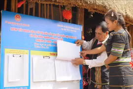 Des gens consultent la liste des électeurs et des candidats affichée dans les maisons communales des villages de la province de Quang Ngai. Photo : VNA