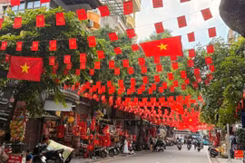 Une rue de Hanoi décorée de drapeaux, de fleurs, de banderoles et d’affiches pour célébrer le 80e anniversaire de la Fête nationale (2 septembre). Photo : VNA