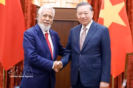Le secrétaire général du Parti communiste du Vietnam et président de la République Tô Lâm (à droite) serre la main du Premier ministre est-timorais Xanana Gusmão, à Hanoi, le 10 juin. Photo : VNA