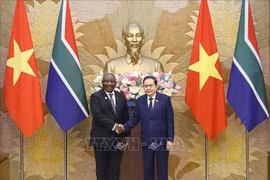 Le président de l’Assemblée nationale du Vietnam, Trân Thanh Mân (à droite) et le président sud-africain Matamela Cyril Ramaphosa, se serrent la main, à Hanoi, le a 24 octobre. Photo : VNA