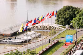 Drapeaux de l'ASEAN flottant au vent au parc de Bach Dang, dans le quartier de Saigon, à Hô Chi Minh-Ville, lors du 58e anniversaire de la fondation de l'ASEAN (8 août 1967 - 2025). Photo : VNA