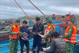 Les gardes-frontières se coordonnent avec les garde-côtes pour sensibiliser les pêcheurs à la lutte contre la pêche illicite, non déclarée et non réglementée (INN) au port de Bach Long Vi, à Quang Ninh. Photo :VNA