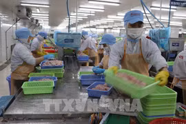 Transformation de produits aquatiques pour l'exportation chez la compagnie par actions Go Dang, dans la zone industrielle de My Tho. Photo : VNA