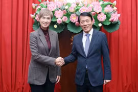 Le ministre de la Sécurité publique, Luong Tam Quang (à droite) et la ministre singapourienne du Développement numérique et de l’Information, Josephine Teo, se serrent la main, à Hanoi, le 15 janvier. Photo : VNA