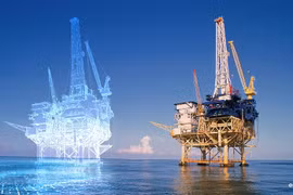 Une plateforme pétrolière (à droite) et son jumeau numérique (à gauche). Les jumeaux numériques font partie des groupes de produits et services numériques clés. Photo: Wikipédia