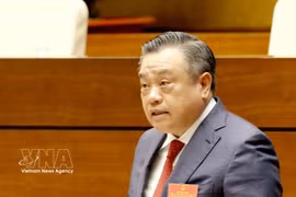 Le membre du Politburo, secrétaire du Comité central du Parti et président de la Commission de l’inspection du Comité central du Parti, Trân Sy Thanh, lors de la conférence, à Hanoi, le 13 avril. Photo : VNA