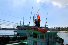 Le poste de garde-frontière de Son Trà (commandement des garde-frontières de la ville de Dà Nang) présente le drapeau national aux bateaux de pêche. Photo : VNA