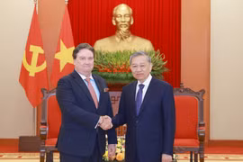 Le secrétaire général du Parti communiste du Vietnam, Tô Lâm (à droite) serre la main de l’ambassadeur des États-Unis au Vietnam, Marc Knapper, à Hanoi, le 31 mars. Photo: VNA