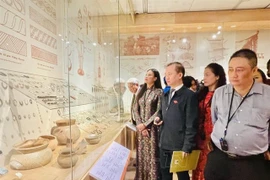 Des visiteurs admirent des artefacts mis au jour sur le site archéologique de Vuon Chuôi, au Musée de Hanoi. Photo : VNA