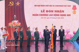 Le vice-président du Comité central du Front de la Patrie du Vietnam, Nguyên Phi Long remet l’Ordre du Travail de deuxième classe à l’Association des victimes de l’agent orange/dioxine du Vietnam (VAVA). Photo : VNA