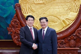 Le président vietnamien Luong Cuong (à gauche) et le secrétaire général du Parti populaire révolutionnaire lao et président lao Thongloun Sisoulith lors de leur entretien, à Vientiane. Photo: VNA