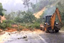 Un glissement de terrain a bloqué l'autoroute Hô Chi Minh traversant la commune de Phuoc Nang, à Dà Nang. Photo : VietnamPlus