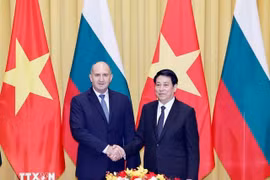 Le président bulgare Rumen Radev (à gauche) et le président vietnamien Luong Cuong se serrent la main. Photo : VNA
