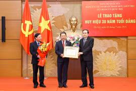 Le président de l’Assemblée nationale, Trân Thanh Mân (à gauche) remet l’Insigne des 30 ans d’appartenance au Parti au membre du Comité central du Parti, secrétaire adjoint du Comité du Parti de l’Assemblée nationale, Vu Hai Hà, à Hanoi, le 9 juillet. Photo: VNA