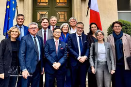 L’ambassadeur du Vietnam en France, Trinh Duc Hai, et le président du groupe d’amitié France - Vietnam à l’Assemblée nationale française, Michel Criaud, posent pour une photo de groupe. Photo : VNA