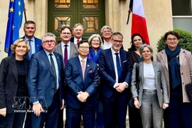 L’ambassadeur du Vietnam en France, Trinh Duc Hai, et le président du groupe d’amitié France - Vietnam à l’Assemblée nationale française, Michel Criaud, posent pour une photo de groupe. Photo : VNA