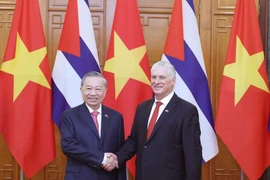 Le secrétaire général du Comité central du Parti communiste du Vietnam Tô Lâm (à gauche), et le premier secrétaire du Comité central du Parti communiste cubain et président cubain Miguel Díaz-Canel Bermúdez se serrent la main, à Hanoi, le 1er septembre. Photo : VNA 