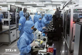 Ligne de production de modules de caméra et de composants électroniques dans l'usine de MCNEX VINA Co. Ltd, une entreprise à capitaux sud-coréens située dans le parc industriel de Phuc Son, province de Ninh Binh. Photo : VNA