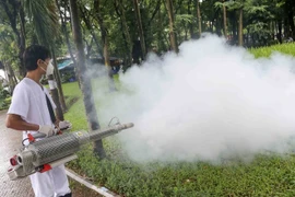 Un agent pulvérise un insectifuge pour éliminer les moustiques et prévenir les maladies saisonnières. Photo : VNA