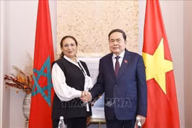 Le président de l’Assemblée nationale du Vietnam, Trân Thanh Mân serre la main de la présidente du Groupe d’amitié parlementaire Maroc-Vietnam, Lubna Srhiri. Photo : VNA