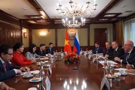 Madame Ngô Phuong Ly, épouse du secrétaire général du Parti communiste du Vietnam, Tô Lâm, rencontre le vice-Premier ministre russe Dmitry Chernyshenko. Photo : VNA