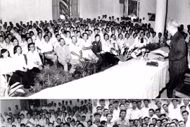 Le Président Hô Chi Minh avec les reporters au IIIe Congrès de l’Association des journalistes du Vietnam en 1962. Photo : MPV