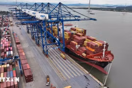 Chargement et déchargement de marchandises d'exportation au port international à conteneurs de Hai Phong, ville de Cat Hai. Photo: VNA