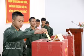 Les soldats nouvellement enrôlés du 2e bataillon d'entraînement et mobile (province de Lâm Dông) participent avec enthousiasme au vote anticipé. Photo: VNA