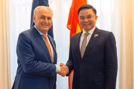 Le ministre vietnamien de l’Industrie et du Commerce, Lê Manh Hung (à droite) et le ministre australien du Commerce et du Tourisme, Don Farrell, se serrent la main, à Canberra, le 12 août. Photo : tapchicongthuong.vn
