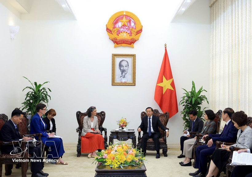 Le vice-Premier ministre Tran Hong Ha reçoit Ramla Khalidi, représentante résidente du Programme des Nations unies pour le développement (PNUD), et Angela Pratt, représentante de l’Organisation mondiale de la santé (OMS) au Vietnam. Photo: VNA