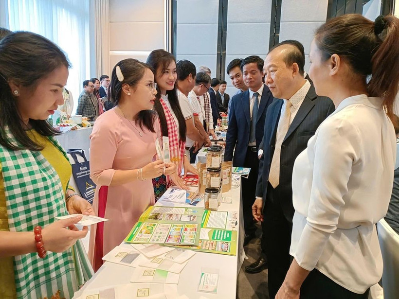 Des entreprises échangent lors de la Conférence d'échanges commerciaux Vietnam-Cambodge, le 28 août, au Cambodge. Photo : Agence de la promotion du commerce