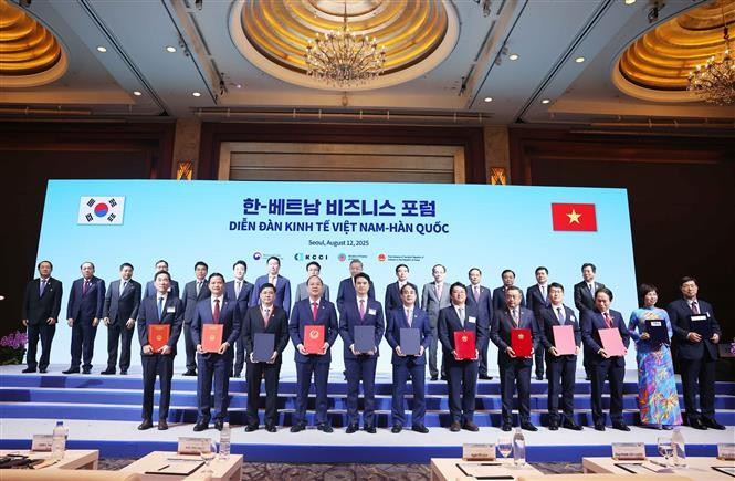 Le secrétaire général du Parti communiste du Vietnam (PCV), Tô Lâm, et le Premier ministre sud-coréen, Kim Min Seok, assistent à la cérémonie d’échange de nombreux documents de coopération. Photo: VNA