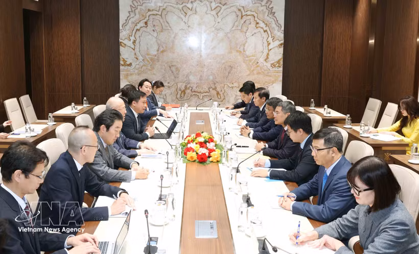 Le Minh Hung, membre du Bureau politique, secrétaire du Comité central du Parti, président de la Commission centrale de l’organisation du Parti et et président du Groupe parlementaire d’amitié Vietnam - Japon, reçoit Takebe Tsutomu, conseiller spécial de l’Alliance parlementaire d’amitié Japon - Vietnam. Photo: VNA