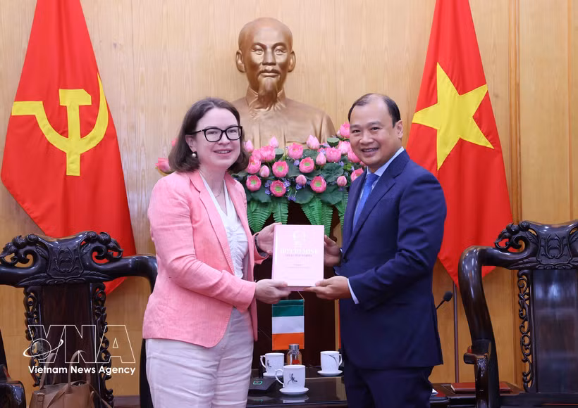 Le directeur adjoint permanent de l’Académie nationale de politique Ho Chi Minh, Le Hai Binh, offre un cadeau à l’ambassadrice d’Irlande au Vietnam, Deirdre Ní Fhallúin. Photo: VNA