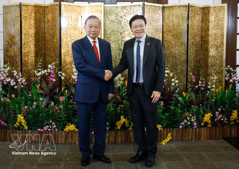 Le secrétaire général du Parti communiste du Vietnam (PCV) et président vietnamien, To Lam (gauche), et le Premier ministre singapourien, Lawrence Wong. Photo: VNA