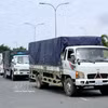 Des camions de marchandises attendent d’effectuer les formalités d’importation au poste-frontière international routier de Khanh Binh. Photo : VNA