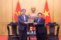 Le président du Conseil théorique central du Vietnam, Nguyên Xuân Thang (droite) remet un cadeau au secrétaire général par intérim du PLD du Japon, Koichi Hagiuda. Photo: VNA