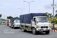 Des camions de marchandises attendent d’effectuer les formalités d’importation au poste-frontière international routier de Khanh Binh. Photo : VNA