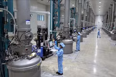Ligne de production de panneaux solaires à la compagnie JA Solar Vietnam de Hong Kong (Chine), située dans la zone industrielle de Quang Chau (province de Bac Ninh). Photo : VNA