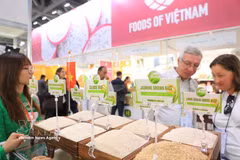 Les visiteurs découvrent des produits vietnamiens. Photo: VNA