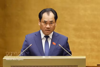 Le ministre de l’Agriculture et de l’Environnement, Trinh Viet Hung, présente les documents du gouvernement portant sur les orientations politiques relatives à la révision de la Loi foncière de 2024. Photo: VNA