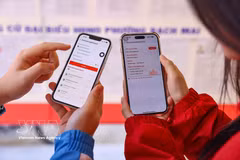 De jeunes électeurs consultent les profils des candidats sur l’application VNeID. Photo: VNA
