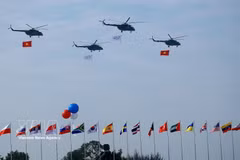 Un vol de formation d’hélicoptères arborant le drapeau national vietnamien effectue une démonstration aérienne lors de la cérémonie d’ouverture de l’Exposition internationale de défense du Vietnam 2024. Photo : VNA