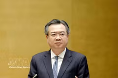 Nguyên Thanh Nghi, membre du Bureau politique, secrétaire du Comité central du Parti et chef de la Commission centrale des politiques et stratégies, s'exprime lors de la conférence. Photo: VNA