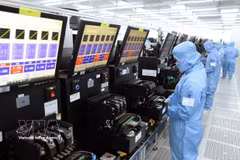 Chaîne de production de modules de caméras et de composants électroniques destinés à l’exportation à la Sarl MCNEX VINA (à capitaux 100 % sud-coréens), située dans le parc industriel de Phuc Son, province de Ninh Binh. Photo: VNA